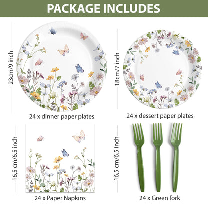 Audree 96 Pcs Wildflower Party Supplies, 24 set Disposable Paper Plates and Napkins for Party Baby Shower, Wedding, Birthday, Perfect for Guests Set Dinner and Dessert Plates, Napkins, Plastic Forks