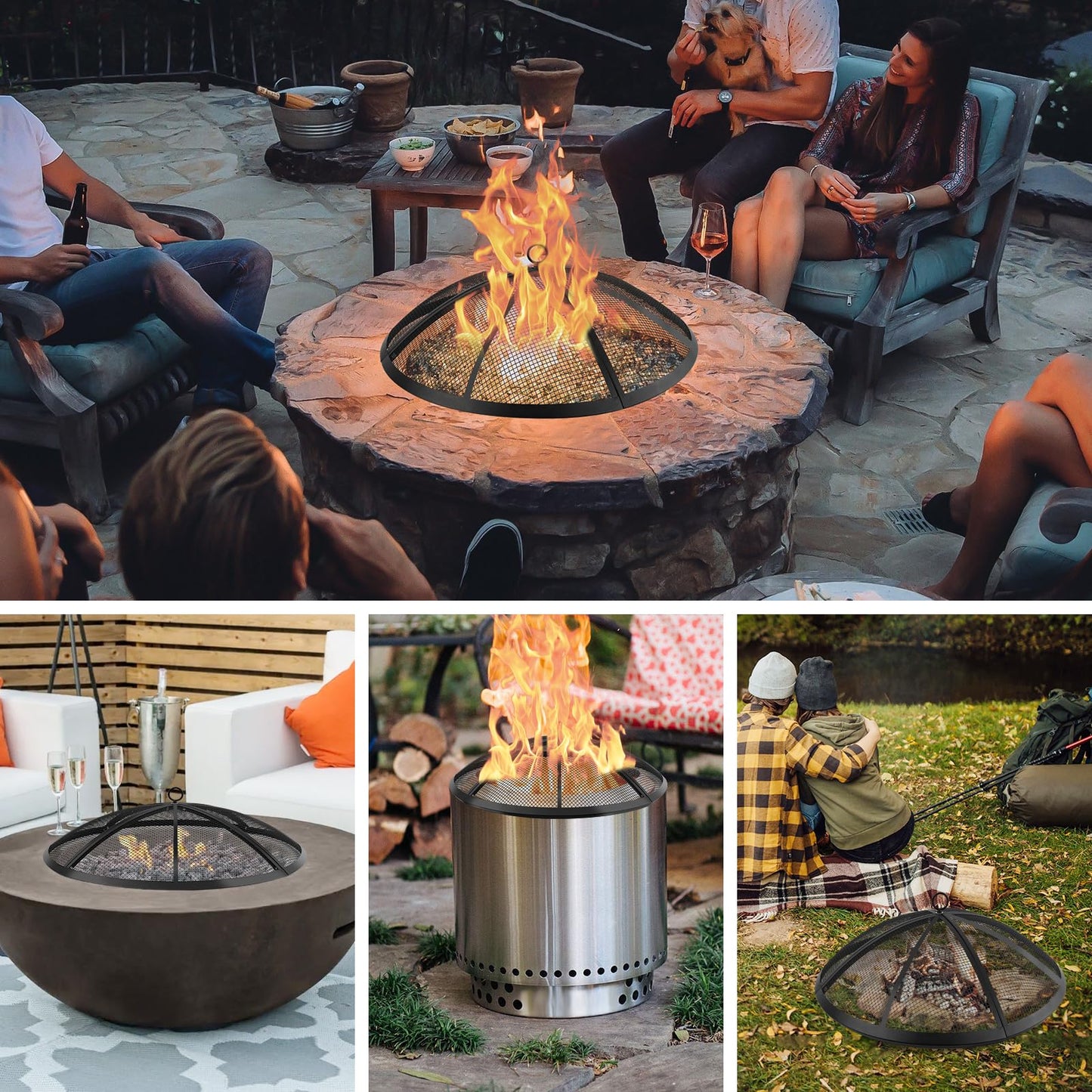 Fire Pit Spark Screen, Fire Pit Screen 40 Inch Round with Handle & Poker, Collapsible Heavy Duty Mesh Fire Pit Cover Fire Pit Lid for Outdoor/Patio/Backyard/RV Camping/Beach