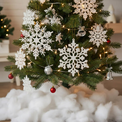 HunnmingRe 37 Pcs Christmas Tree Ornaments Set, 93 x 35 Inches Snow Blanket Roll and 36 Pcs White Glitter Plastic Snowflake Ornaments for Winter Tree Garland Village Decor
