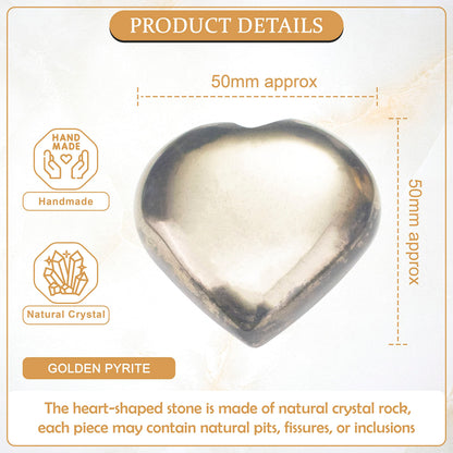 Crocon 50mm Golden Pyrite Heart stone Big Heart Shape Puff Stones Set 450+ Carats Pocket Crystal Healing Tumble Collection Palm Worry Stone Good Luck Charm Meditation Gift Craft Home Decor