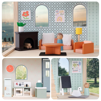 PairPear 56 Pcs Wooden Dollhouse Furniture with Family Dolls, Solid Wood Large Dollhouse Accessories for Toddlers 3 4 5 6, Pretend Play Furniture Toys Gift for Birthday and Christmas