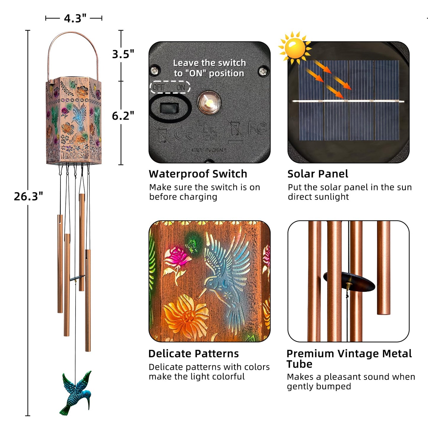 Hummingbird Solar Wind Chimes for Outside, Outdoor Solar Garden Decor Hanging Lantern for Balcony Porch Patio Backyard