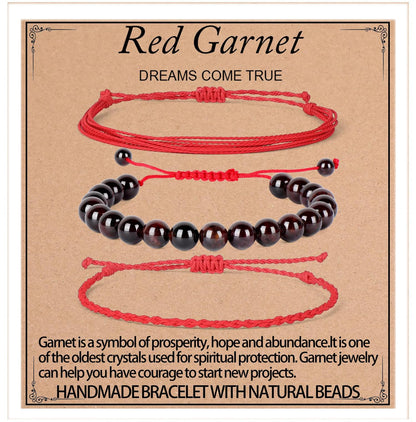QOGIR Handmade Healing Bracelets,8mm Natural Red Garnet Gem Stone Beads Bracelet for Men Women Gifts with 2PCS Size Adjustable Rope Bracelets