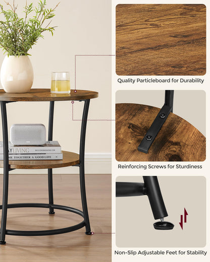 VASAGLE 21.7-Inch Round Side Table, 2-Tier End Table, Nightstand with Steel Frame, Spacious Top, for Small Spaces, Living Room, Bedroom, Rustic Brown and Ink Black ULET56BX