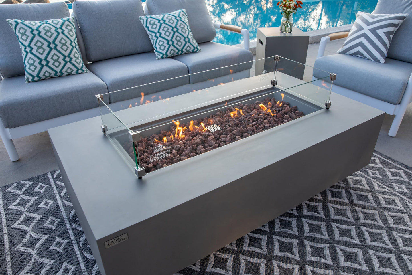 AMS Creations | Madison 60" Bundle Rectangular Natural Gas Outdoor Fire Pit Table | Light Gray Concrete GFRC | Smooth Texture or Surface | Electronic Ignition | Outside Backyard Fireplace