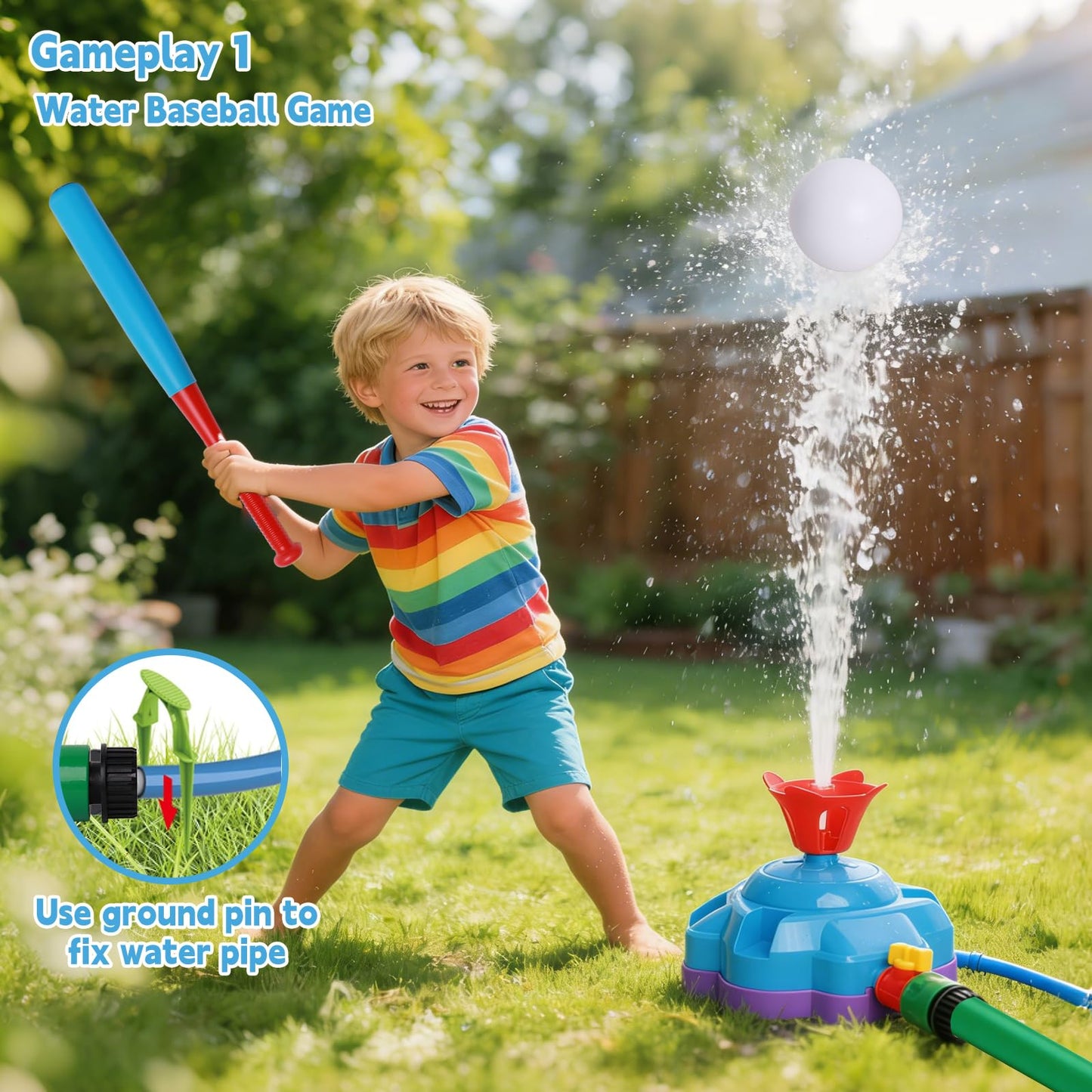 4-in-1 Water Sprinkler for Kids, Water Sprinkler Baseball Toy, Rocket Sprinklers, Rocket Launch Game, 360°Rotating Sprinklers Outdoor Summer Toys for Boys Girls