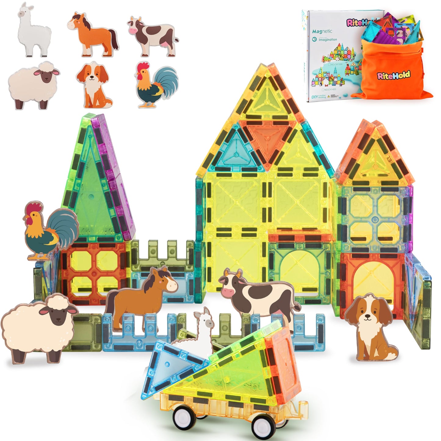 RiteHold Magnetic Tiles Farm Animals 52PCS, STEM Toys Magnet Building Blocks for Kids Ages 3 4 5 6 7 8, Toddler Construction Stacking Tiles Toys Gifts for Boys Girls 3+