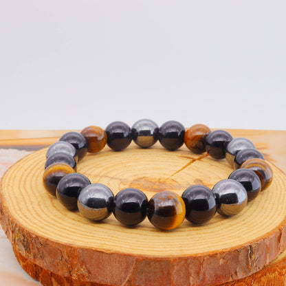 ZZ ZINFANDEL Initial Letter Black Obsidian Beaded Bracelets for Men, Mens Triple Protection Bracelet,10mm Natural Black Onyx Tiger Eye Stone Beads Bracelets (C)