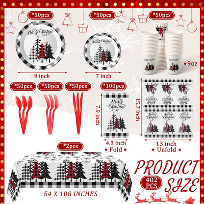 Dandat 402 Pcs Disposable Party Supplies - Christmas Plates Napkins Cups Tablecloth for Holiday Xmas (Black White, Christmas Tree)
