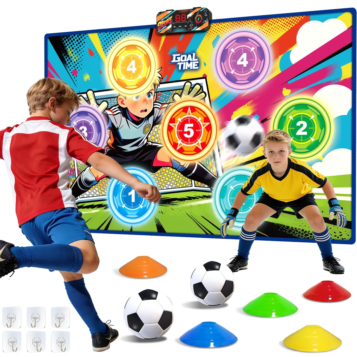 Electronic Scoring Soccer Toy Game Set for Kids with 5 Training Disc&2 Soft Balls,Indoor Outdoor Soccer Target Game Real-time Scoring 3 Modes Birthday Gifts for 3 4 5 6 7 8 9 10+ Years Old Boys Girls