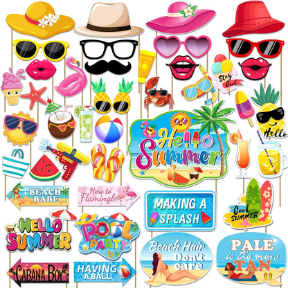 43Pcs Summer Party Decorations Photo Props, Summer Booth Props, Pool Decorations Beach Photo Booth Props, Sum mer Pool Funny Selfie Photo Booth Props for Hawaii Party