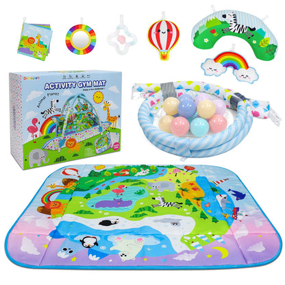 Dr.Rapeti Baby Play Gym Mat Animal Planet with Ball Pit Activity Gym Center Tummy Time Mat Thickened Mat Sensory Exploration Motor Skill Development for Newborn Infant Baby Toddler for 0+