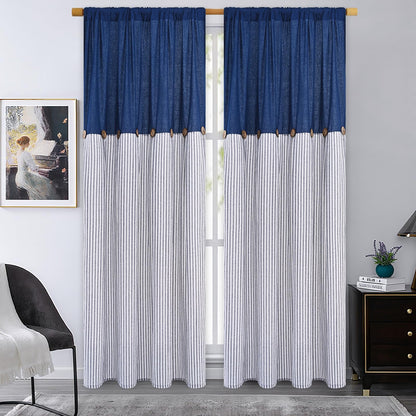 ASPMIZ Cotton Linen Farmhouse Curtains for Living Room, Boho Rustic Button Window Curtain Panels, Blue Striped Curtains for Bedroom, Country Back Tab Modern Drapes for Windows 52 x 84 Inch 2 Panels