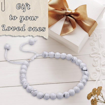 Amazing Gemstone Howlite Bracelet, Gifts For Men & Women - Protection Healing Crystal Bracelet - 6mm Gemstone Beaded Adjustable Bracelet, Pulseras Para Hombres Mujer Stocking Stuffers