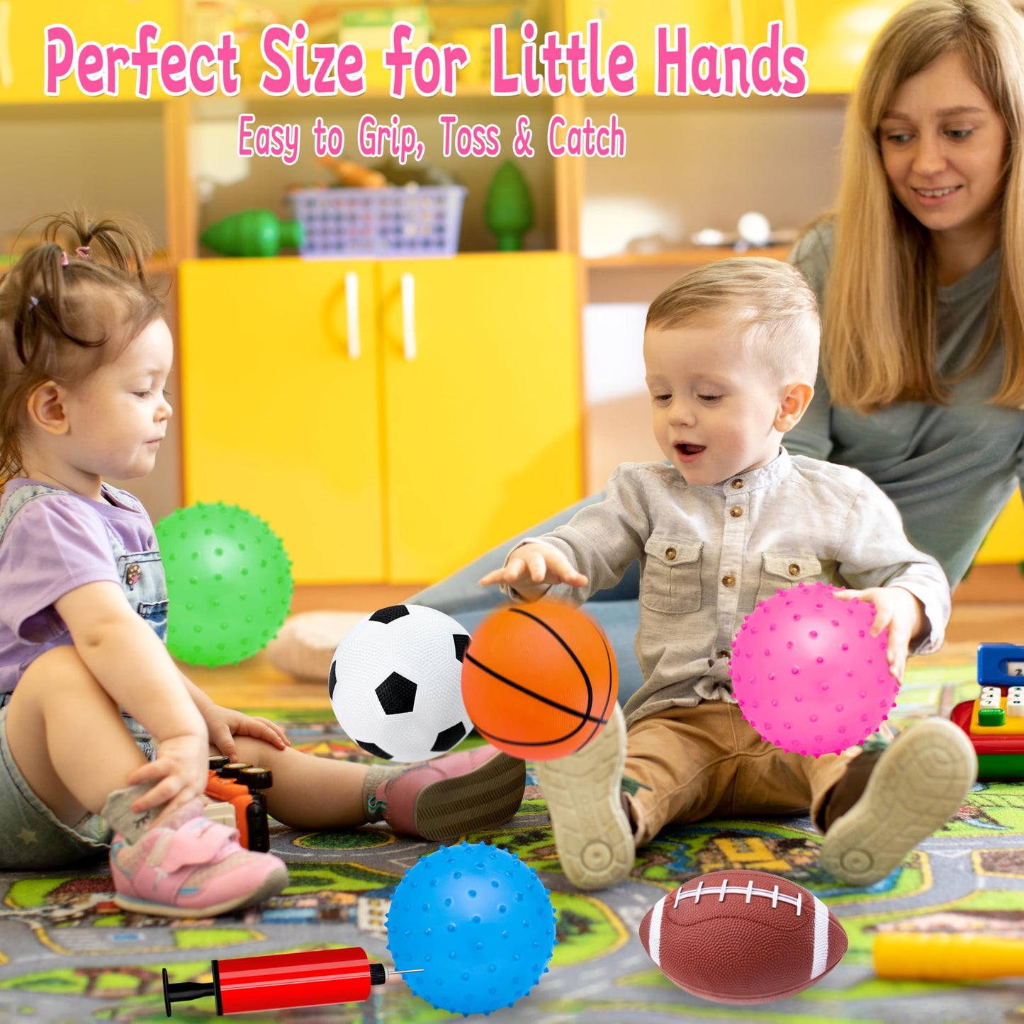 Ladwon Kids Ball, Balls for Toddlers 1-3, Set of 6 Toddler Ball, Outdoor Toy for Kids, Soft Balls for Kid, Baby Sports Beach Toys, Green&Safe Soccer Basketball Baseball Rugby with Free Bump