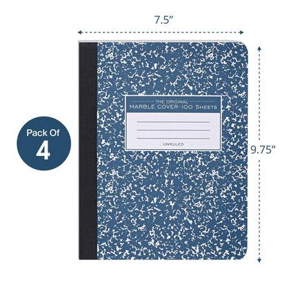 ROARING SPRING Hard Cover Composition Notebook, 4 Pack, Blue Marble Comp Book, 9.75″ x 7.5″, Unruled Blank Paper, 100 Sheets (200 Pages), Made in USA