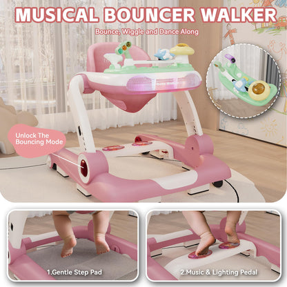 Baby Walker with Wheels, 5 in 1 Walker for Baby Boy Girl 6-12 Months with Bouncer, Music and Lights Baby Jumper Activity Center, Adjustable Height Speed, Push Walker for Ages 6-18 Months Toddler