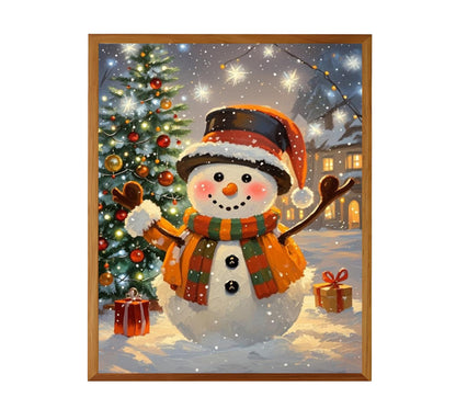 Cheerful Christmas Snowman Wall Art Print, Festive Winter Holiday Painting, Cute Snowy Christmas Tree Home Decor, Whimsical Holiday Poster, 8x10 Inches Unframed