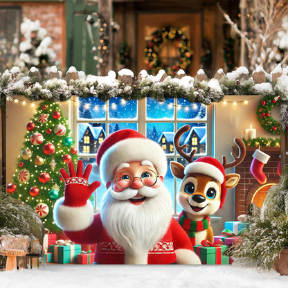BlissYard Christmas Holiday Backdrop Santa Claus Reindeer Gifts Fireplace 71x43 Inch Photography Background Banner for Winter Party Decorations Cozy Event Home Decor Large Photo Booth Prop