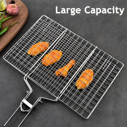 Fish Basket for Grilling- BBQ Basket Stainless Steel Barbecue Basket with Foldable Handle, Portable Outdoor/Camping Grilling Accessories, Grill Vegetable Basket for All Grills（13.2 X 8.6 Inches）