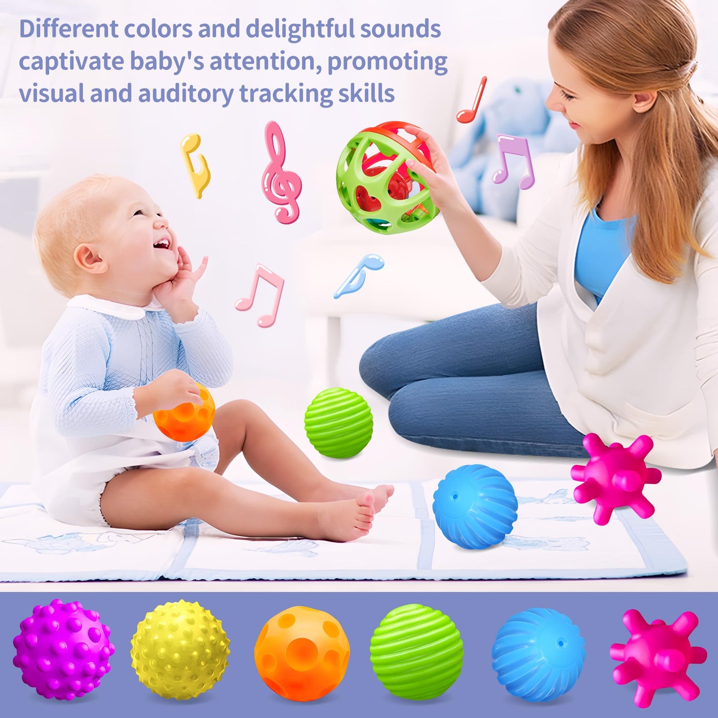 Montessori Toys Bundle: Sensory Balls (Textured) + Baby Pop Up Toy with Music, Hand Catching Balls & Rattle, Cause and Effect Animal Toy, Educational Gifts for Babies 3-12 Months & Toddlers 1-3