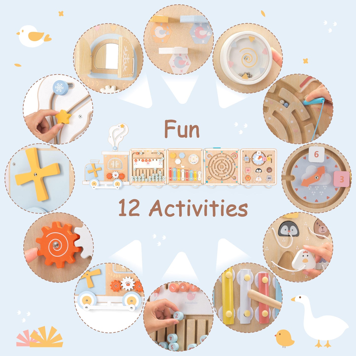 Pillowhale Train Activity Wall Busy Board, Wooden Montessori Sensory Toys, 12-in-1 Learning Activity Center for Playroom,Daycare, Nursery, Classroom, Educational Toys for Toddler