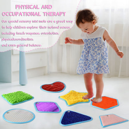Boao 8 Set Mini Sensory Mats Assorted Textured Play Mats Sensory Floor Tiles Educational Tactile Toys for Activity(8.7 Inch,Irregular)