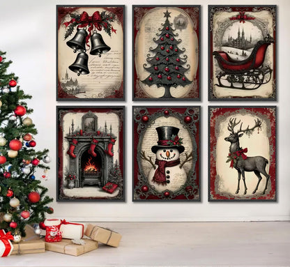 6pcs Christmas Canvas Wall Art Red Christmas Tree Snowman Elk Posters Prints Paintings Winter Landscape Festive Elements Wall Decor Pictures for Living Room And Bedroom Furniture Decoration Unframed