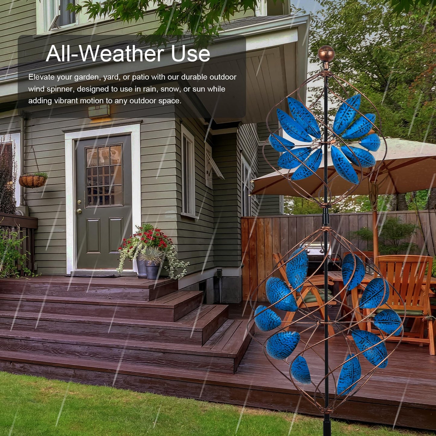 hogardeck Large Wind Spinner Outdoor, 85" Metal Kinetic Wind Spinner with Heavy-Duty Stakes, 360° Rotating Double-Layer Retro Yard Art for Home Outside Garden Lawn Backyard Patio Decor (Blue, Bronze)