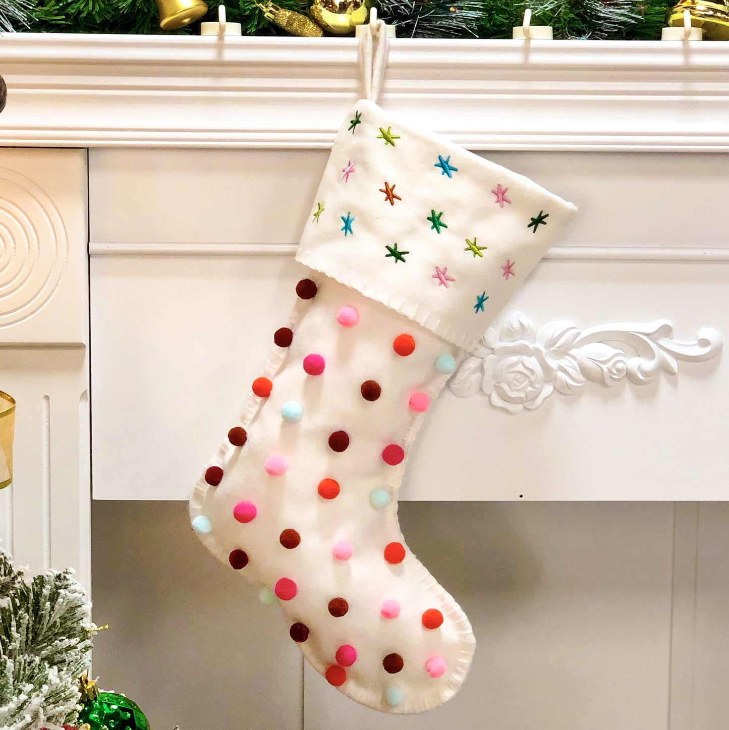 Hopearl Pom Pom Christmas Stocking Kit Boho Style Socks Ultra Soft Holder Ornament Luxury Gifts Bags for Family Xmas Tree Party Supplies, Cream, 18''