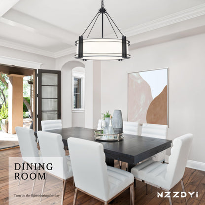NZZDYI 20.4''Drum Chandelier,5-Light Fabric Modern Chandeliers,Black Farmhouse Round Pendant Light Fixture for Dining Room Kitchen Island Living Room Bedroom Hallway