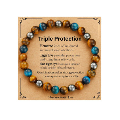 Gnamy Triple Protection Beaded Bracelet Gifts for Men, Bule Tiger Eye Hematite Bracelets Christmas Birthday Valentines Anniversary Healing Sobriety Jewelry Gifts for Husband Dad Boyfriend Brother Him