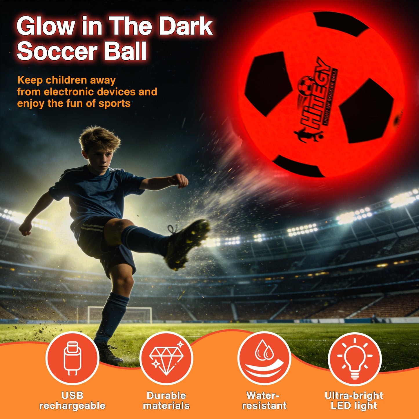HITEGY Glow in The Dark Soccer Ball - Water-Resistant, Official Size 5, Light Up with Every Kick, Includes Pump, Manual & Extra Batteries - Perfect Soccer Gifts for Kids and Teen Boys