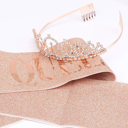 CAVETEE Birthday Crown and Sash for Women - Rose Gold Rhinestone Tiara Set and Sash for Decorations
