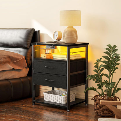 AODK Nightstand with Charging Station & LED Lights, 27.6" Tall Bedside Table with 4-Tier Storage, 2 Fabric Drawers & 2 Open Shelves, Space-Saving End Table for Bedroom, Black
