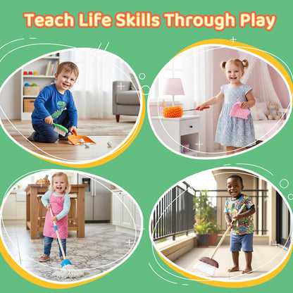 Meland Kids Cleaning Set - 8Pcs Toddler Broom and Toy Vacuum Cleaner, Pretend Play Children House Cleaning Toys, Christmas Birthday Gift for Girls and Boys