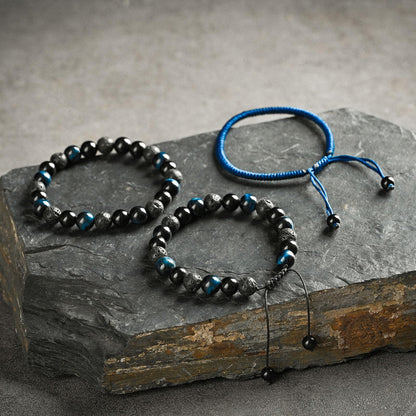 SAMXY Men Bead Bracelet - 8mm Blue Tiger Eye Black Obsidian & Lava Stone Beads - Natural Onyx & Crystal Healing Stones - Handmade Adjustable Protection Bracelet- Spiritual Jewelry Gift for Women men