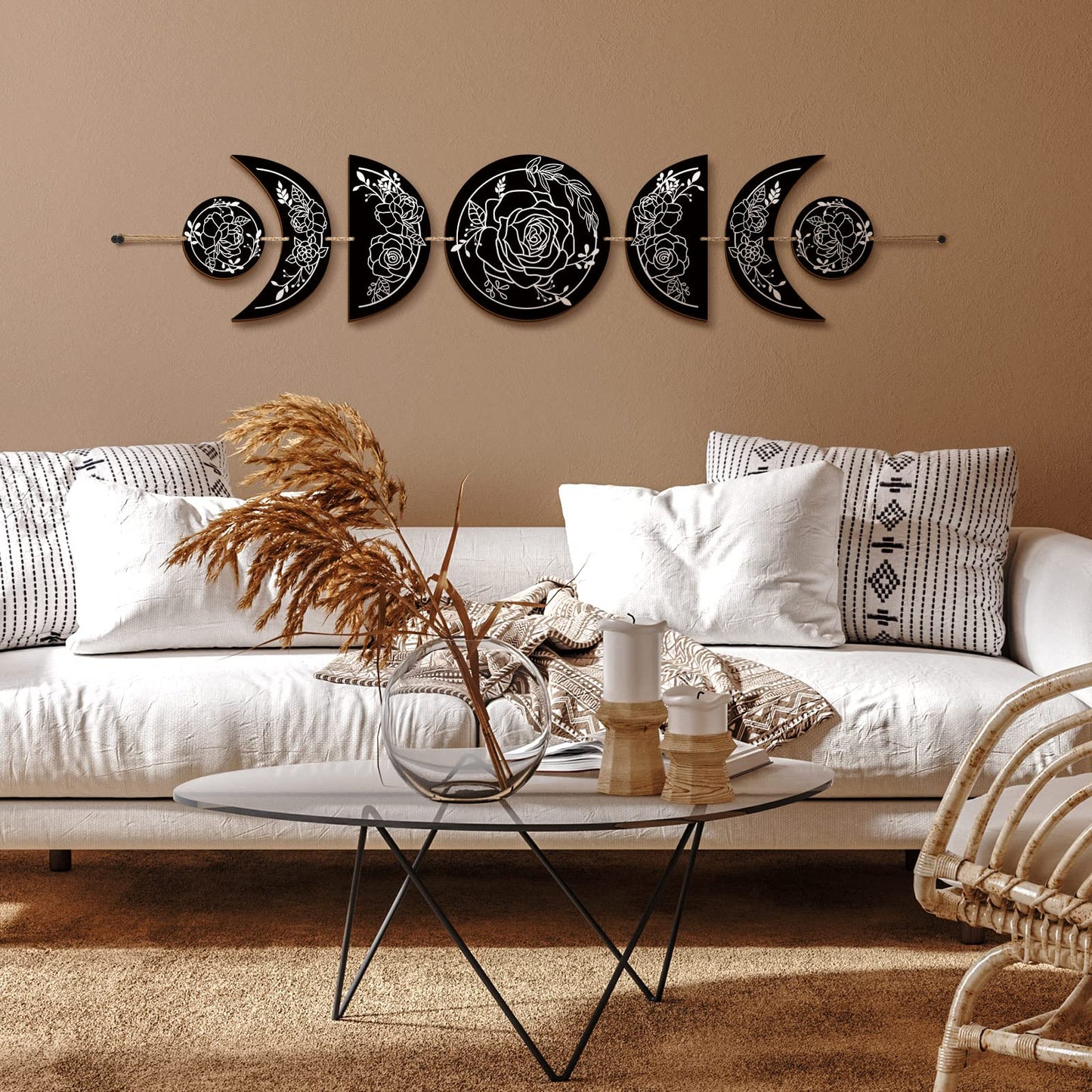 BBTO Boho Wall Decoration Moon Phases Wall Art Stars Moon Decoration Minimalist Room Wooden Gothic Witchy Door Pediments Hanging Sign(Black, White)