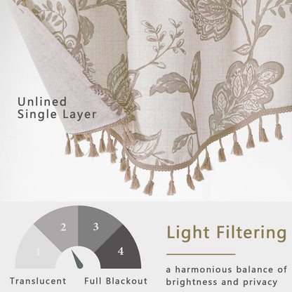 Ebesto Scalloped Valance for Windows - Faux Linen Textured Short Kitchen Valance with Tassels, Farmhouse Floral Printed Small Window Curtains for Bathroom Basement RV, 1 Piece, 52Wx18L Inches, Taupe