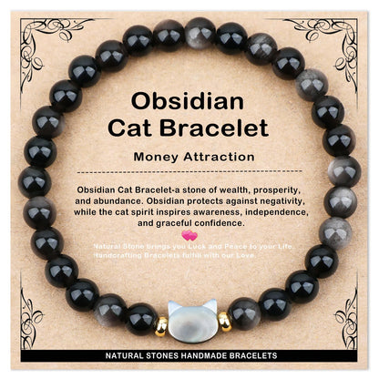 AD Beads 6mm Handmade Obsidian Cat Bracelet Elastic Bracelet – Natural Gemstone for Money Attraction – Meditation, Yoga, Healing and Energy Gift for Men Women