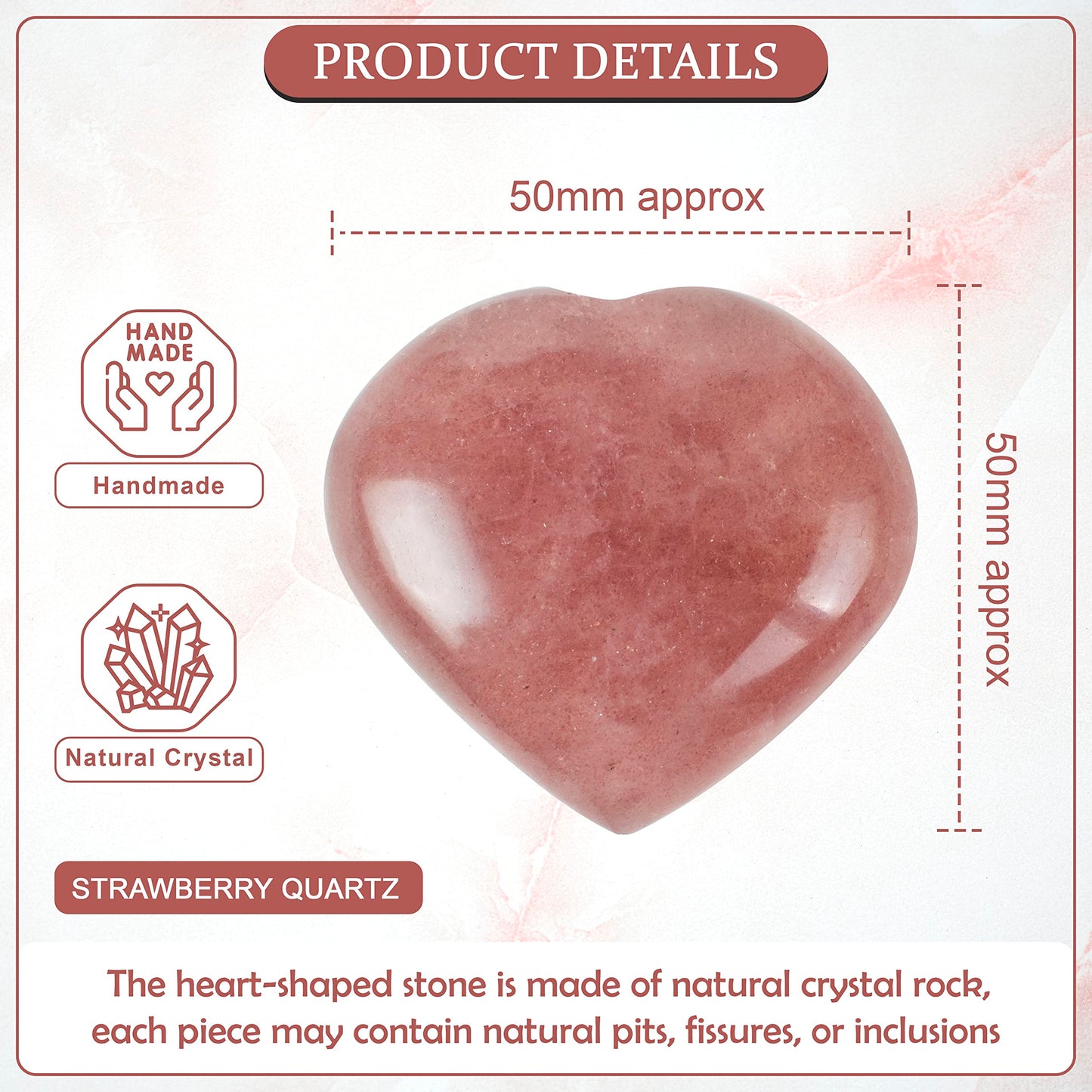Crocon 50mm Strawberry Quartz Heart stone Big Heart Shape Puff Stones Set 450+ Carats Pocket Crystal Healing Tumble Collection Palm Worry Stone Good Luck Charm Meditation Gift Craft Home Decor