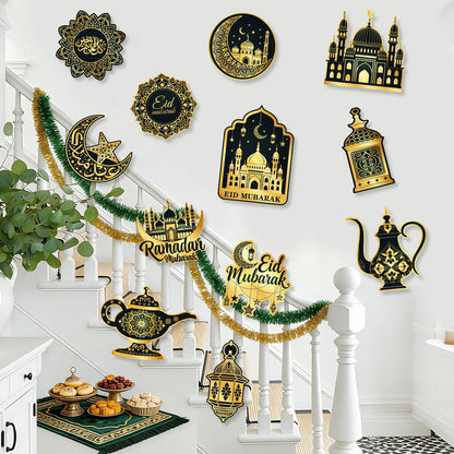 Large 11"x14" Eid Mubarak Cutouts Decorations Cardboard Cutout Set of 12, Ramadan Cutouts Wall Door Windows Decor, Muslim Islamic Mosque Castle Paper Cut Outs Decoration (Black Gold)