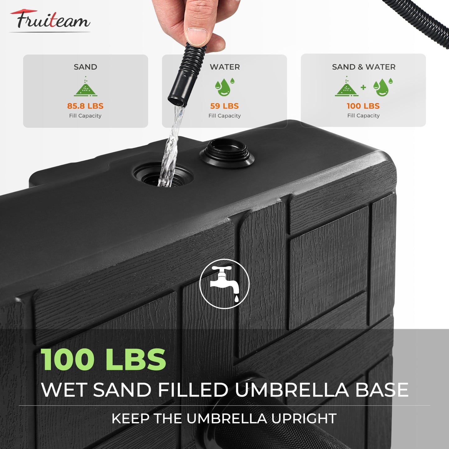 FRUITEAM Umbrella Base with Wheels, 100 LBS Heavy Duty Patio Umbrella Stand, Fillable Weighted Umbrella Base Holder for Patio, Deck, Poolside, Rust-Resistant and Windproof Design - Black