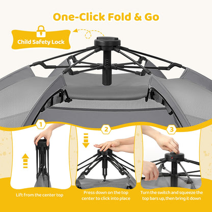 Dripex Pop Up Playpen for Babies and Toddlers with Built-in Pad & One-Click Safe Lock,Foldable Indoor/Outdoor Playpen with Roll-Up Door &Top Mesh Window, Portable Travel Play Pen &Baby Beach Tent,Grey