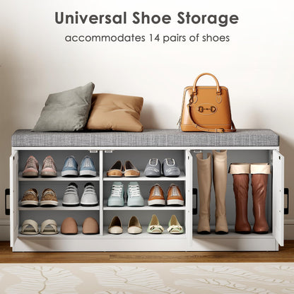 Suuiwau 3-Tier Shoe Storage Bench with Adjustable Shelf, Large Capacity Entryway Shoe Bench with Thickened Padded Seat Cushion and 3 Doors for Entry, Bedroom, Hallway (White,42.5 * 14in)