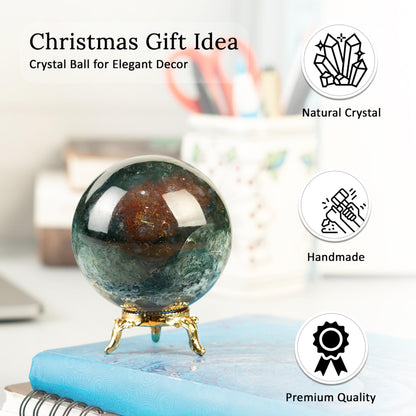 Crocon 50mm Green Blood Stone Sphere Ball with Metal Stand 1400+ Carats Gemstone Ball Healing Sphere Sculpture Figurine for Fengshui Divination Home Decoration Photography Crystal Sphere