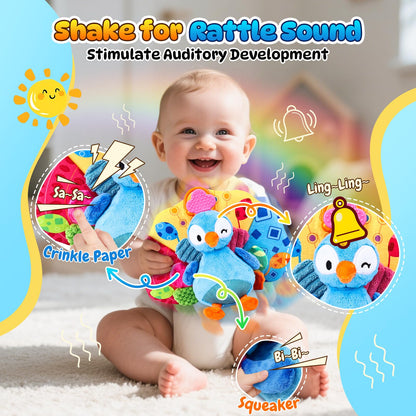 Baby Sensory Tummy Time Toys 0-3-6-12 Months, High Contrast Newborn Infant Peacock Toy, Washable Stuffed Animal Toy with Mirror Crinkle Rattle Teether,Baby Boy Girl Shower Gifts Easter Basket Stuffers