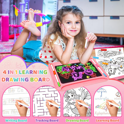 Magic LED Drawing Board for Kids, Girl Toys for Ages 5-7, Christmas Birthday Gifts, Light Up Tracing Pad, 9 Double-Sided Cards, 6 Markers, Neon Effect Doodle Writing Tablet, Arts Crafts Learning Toy