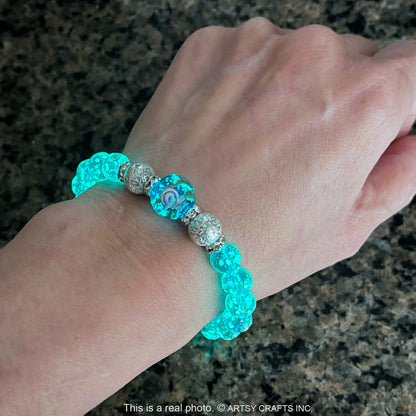 ARTSY Crafts Glow in the Dark Firefly Beads Bracelet for Women, Luminous Glass Beads Healing Crystal Glowing Beaded Bracelets, Mermaid Bracelet, Stretch Stackable Bangle Wristband (Sky Blue)