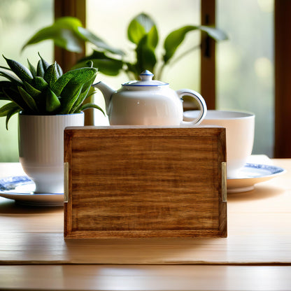 Premium Wooden Serving Tray with Aluminum Handles | Handcrafted Solid Wood Decorative Tray for Kitchen, Dining & Coffee Table | Large Rustic Breakfast Tray | Multipurpose Food & Drink Server